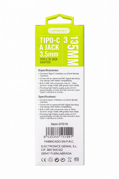 Adaptador Tipo-C a Jack 3.5mm Apokin